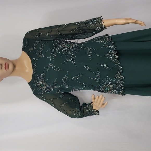 𝅺JKARA Hunter Asimetrical Green Chiffon Beaded  Embellished Gown - Picture 9 of 17